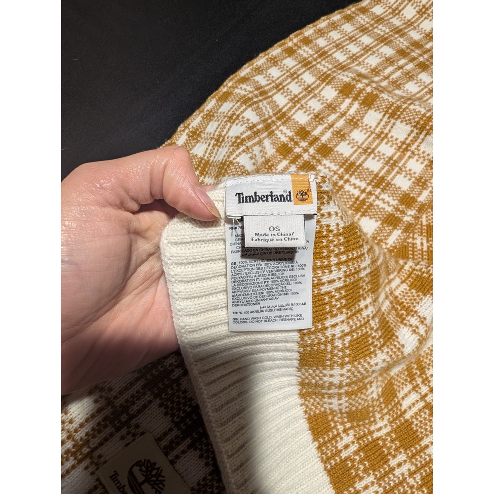 Timberland Plaid Knit Scarf Mustard Yellow Cream Acrylic Winter Wrap Logo Patch - Picture 4 of 4